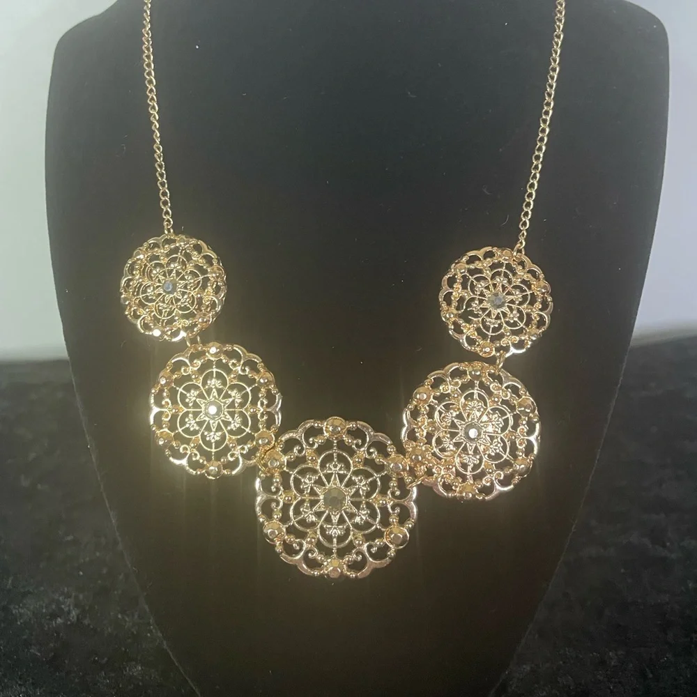 Rose-tone Gold 5 Disc Medallion Necklace Rhinestones 16” + 3” Extension